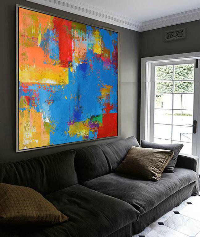 Oversized Palette Knife Painting Contemporary Art,Big Living Room Decor,Blue,Yellow,Red,Purple